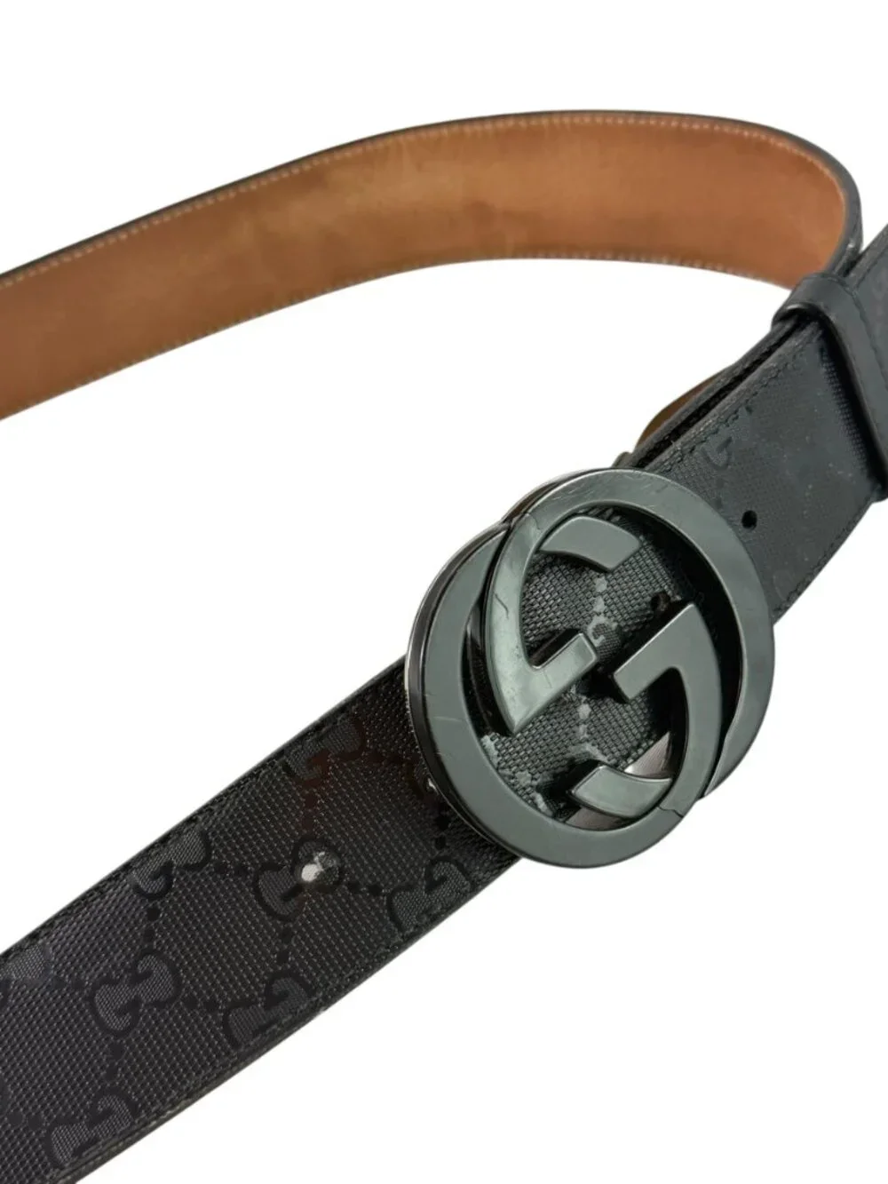 GUCCI Black Canvas & Leather Supreme GG Interlocking Buckle Mens Belt 90/36